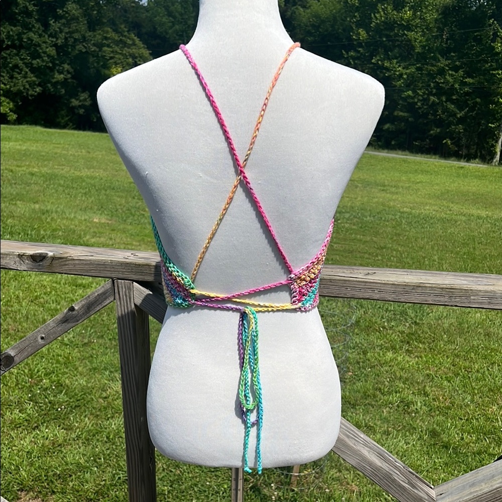Colorful Crochet Halter Top with Rose Detail Handmade - Picture 6 of 6